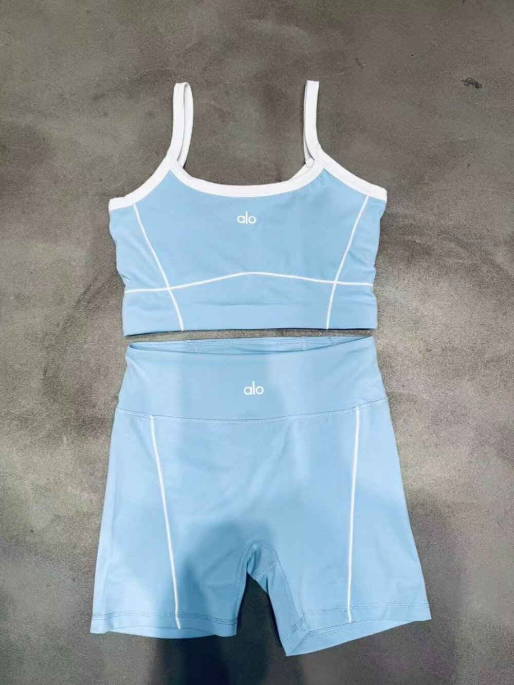 Alo Yoga Light Blue and White Color Block Workout Set, Size M.